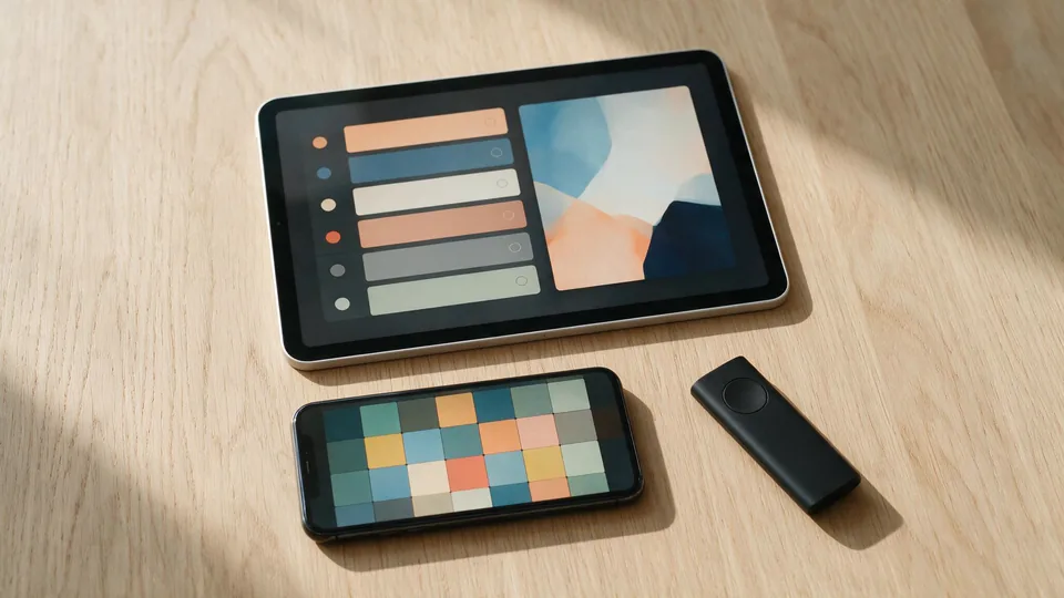 Tablet en telefoon naast elkaar met verschillende indelingen van een IPTV-speler, met een streamingstick ernaast