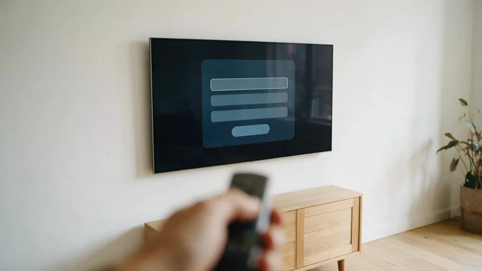 Smart-tv met een inlogscherm van een IPTV-speler, met een afstandsbediening op de voorgrond